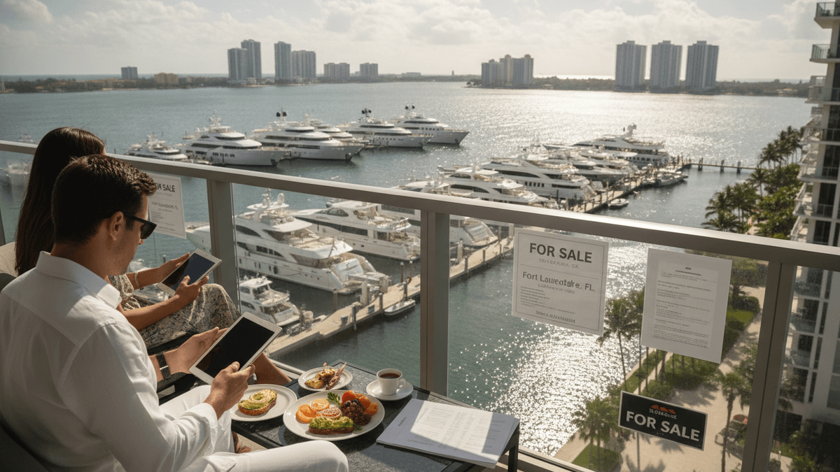 Two individuals, seen from behind, sit on a high-rise balcony with tablets, overlooking a marina filled with luxury yachts and distant cityscapes.