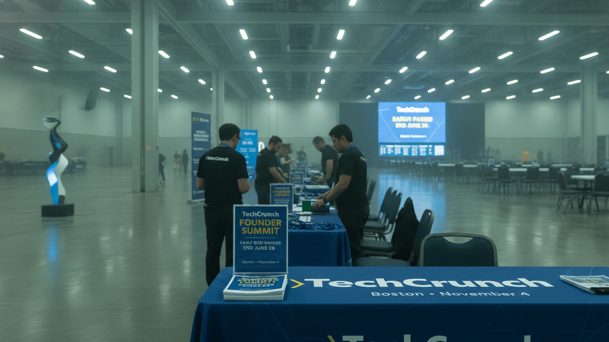 Wide shot of an empty convention hall with TechCrunch branding, staff setting up tables and signs for an event.