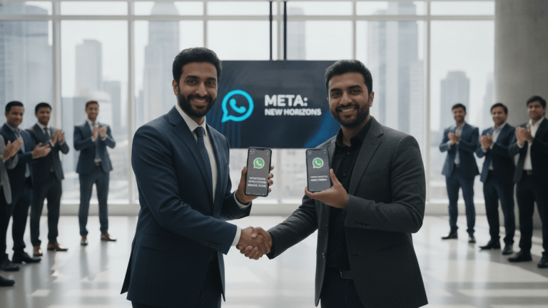 Two men in business attire shake hands in front of a large screen displaying "META: NEW HORIZONS" and the WhatsApp logo. Both men hold smartphones showing the WhatsApp app. Other men in suits are blurred in the background, applauding.