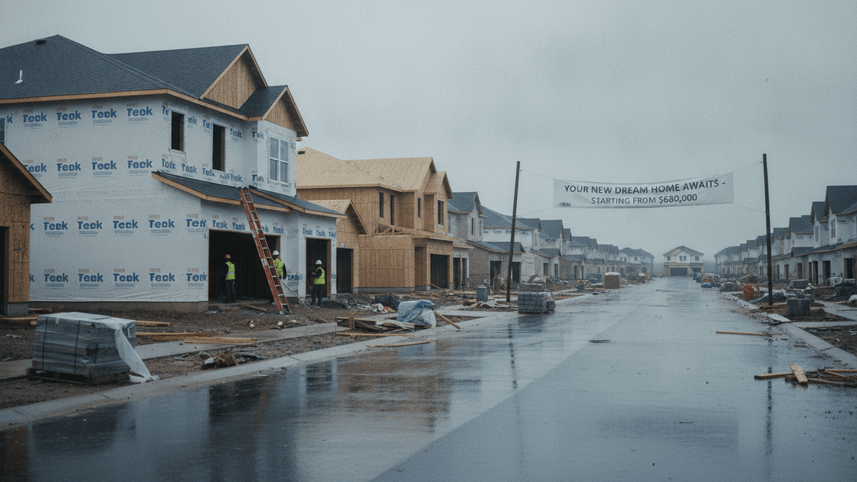 A wide shot of a new housing development under construction on a wet, rainy day. Row of partially built houses line a street.