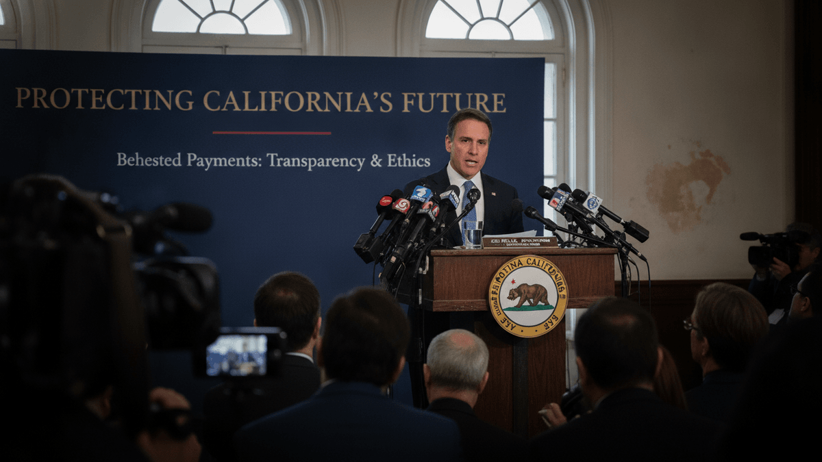 California Governor Gavin Newsom at a wooden podium with microphones, speaking in front of a blue backdrop.