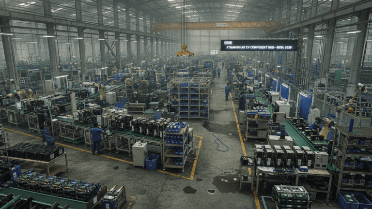 Wide shot of an Indian electric vehicle component manufacturing facility with numerous assembly lines, machinery, and workers.