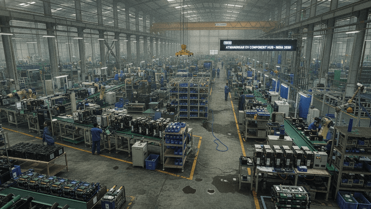 Wide shot of an Indian electric vehicle component manufacturing facility with numerous assembly lines, machinery, and workers.