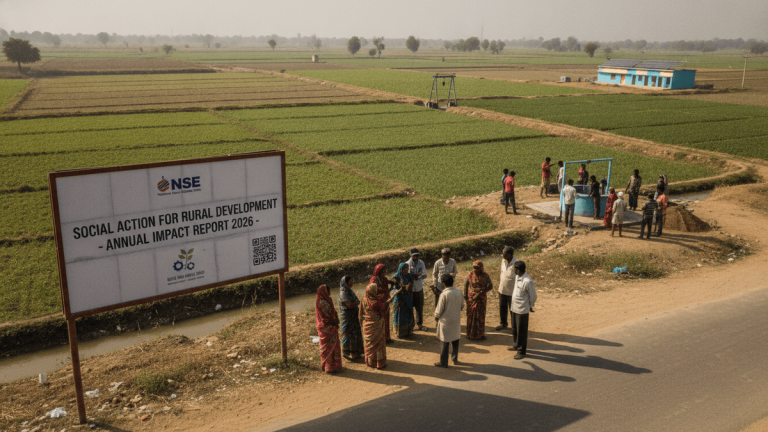 An aerial view of a billboard reading "NSE Social Action For Rural Development – Annual Impact Report 2026" next to a rural road in India, with villagers gathered around a water well.