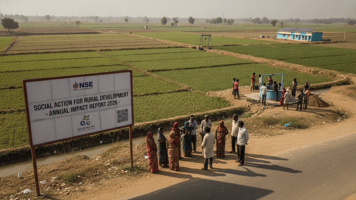 An aerial view of a billboard reading "NSE Social Action For Rural Development – Annual Impact Report 2026" next to a rural road in India, with villagers gathered around a water well.