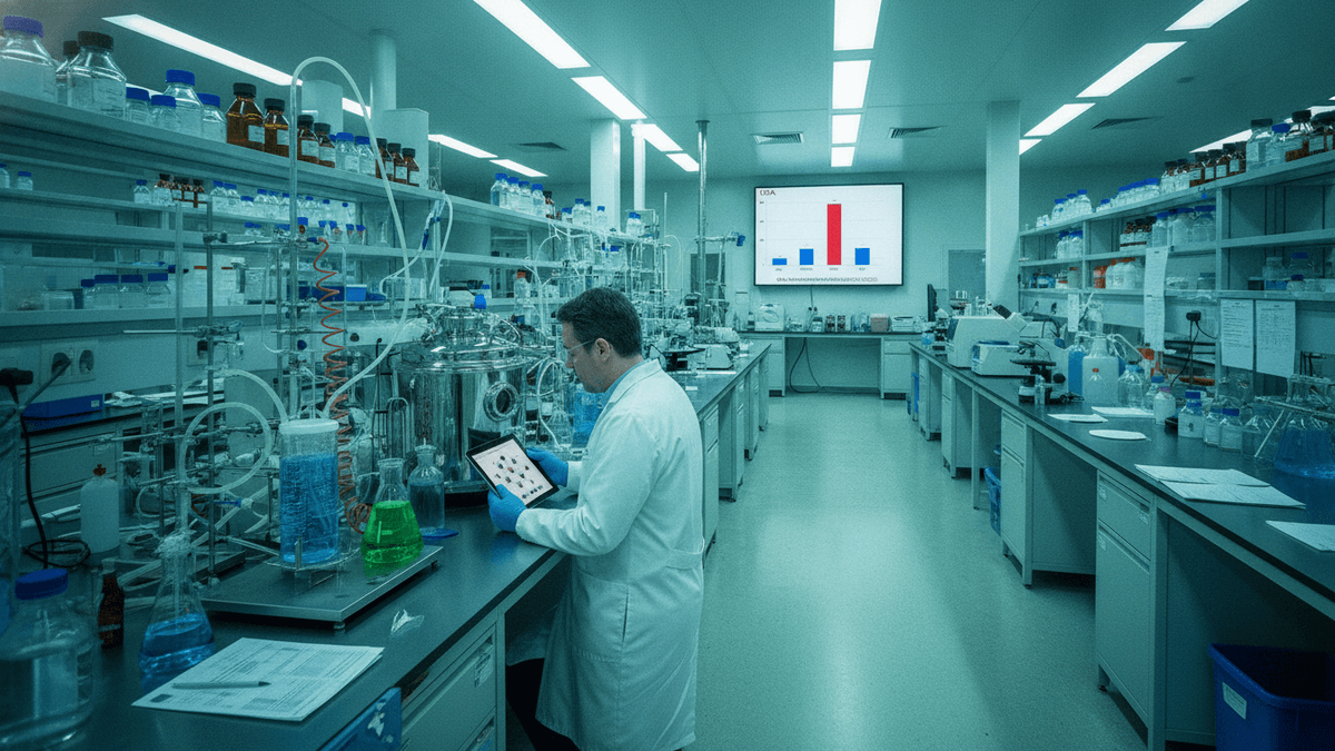A scientist in a white lab coat stands at a bench, looking at a tablet displaying a bar graph. A large screen in the background shows a similar graph.