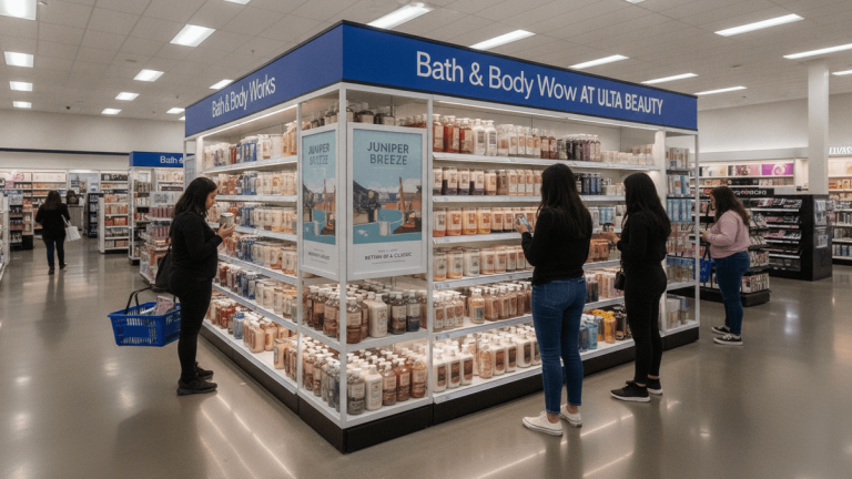 Wide shot of several women shopping at a Bath & Body Works display inside a well-lit Ulta Beauty store.