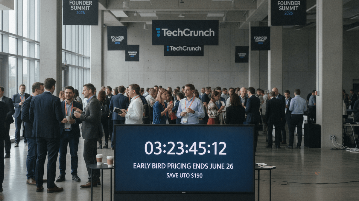 A wide shot of a tech conference with a large screen displaying a countdown timer and "EARLY BIRD PRICING ENDS JUNE 26 SAVE UTO $190".