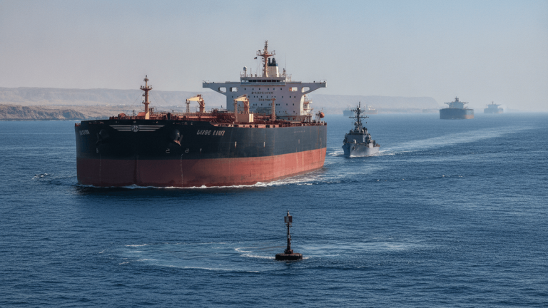 A large red and black bulk carrier ship sails through blue water with a grey naval warship trailing behind. A buoy bobs in the foreground.