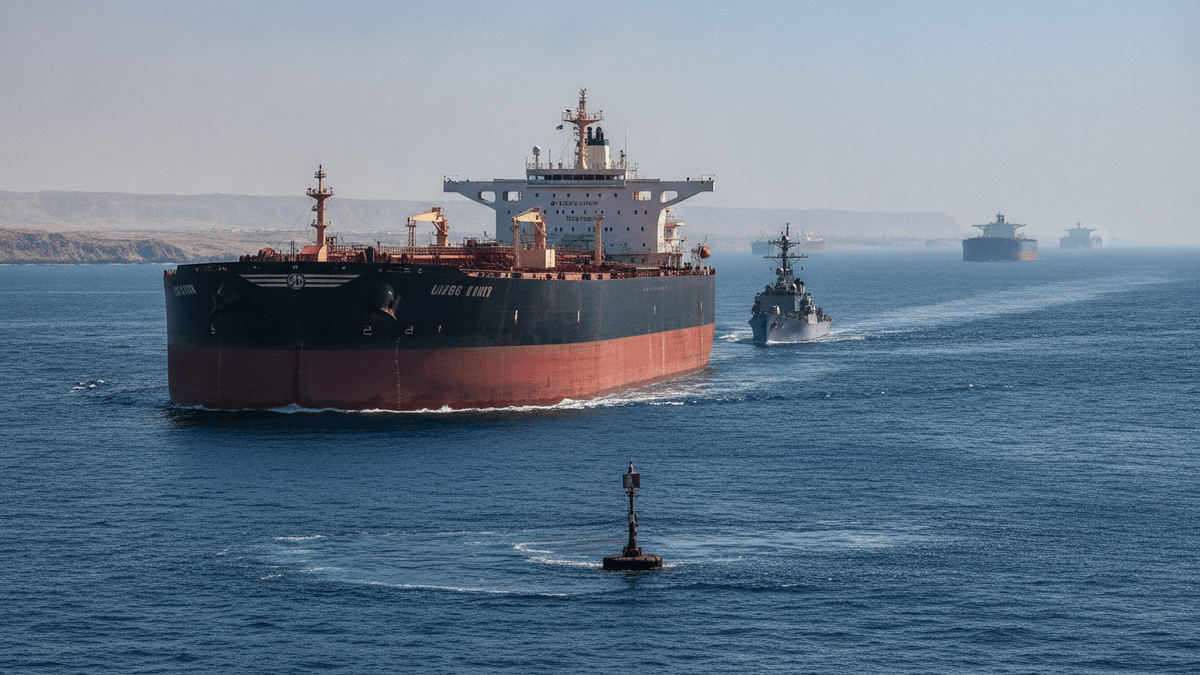 A large red and black bulk carrier ship sails through blue water with a grey naval warship trailing behind. A buoy bobs in the foreground.
