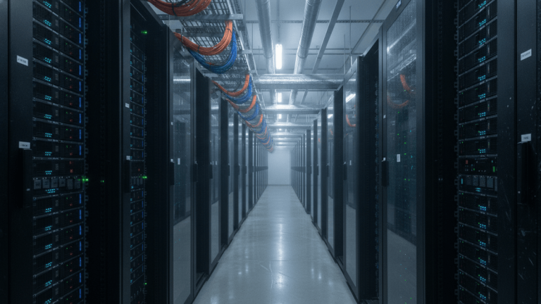 An ultra-realistic photograph shows a long, symmetrical aisle in a modern data center with rows of black server racks on both sides. The aisle recedes into the distance, obscured by atmospheric haze.