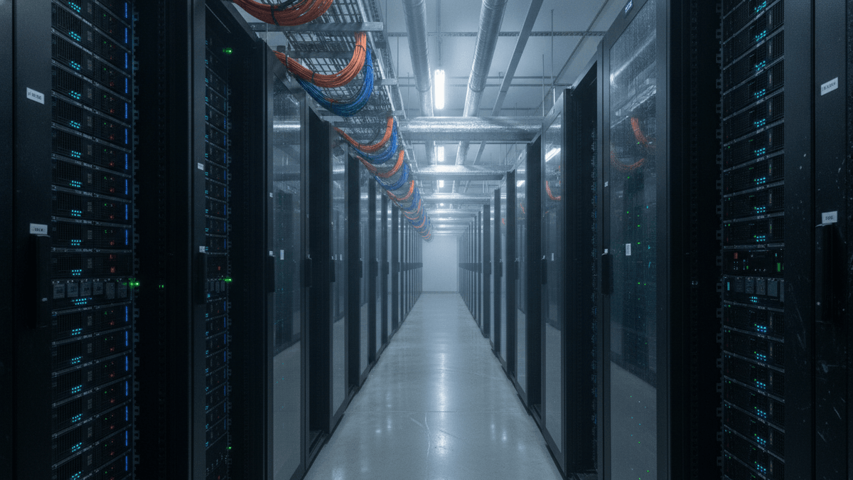 An ultra-realistic photograph shows a long, symmetrical aisle in a modern data center with rows of black server racks on both sides. The aisle recedes into the distance, obscured by atmospheric haze.