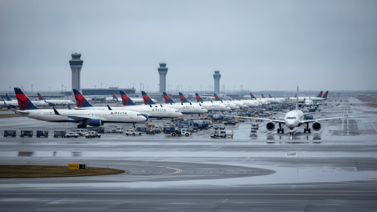 A wide shot of a busy airport on a grey day, with multiple Delta airplanes parked at terminals and one taxiing.