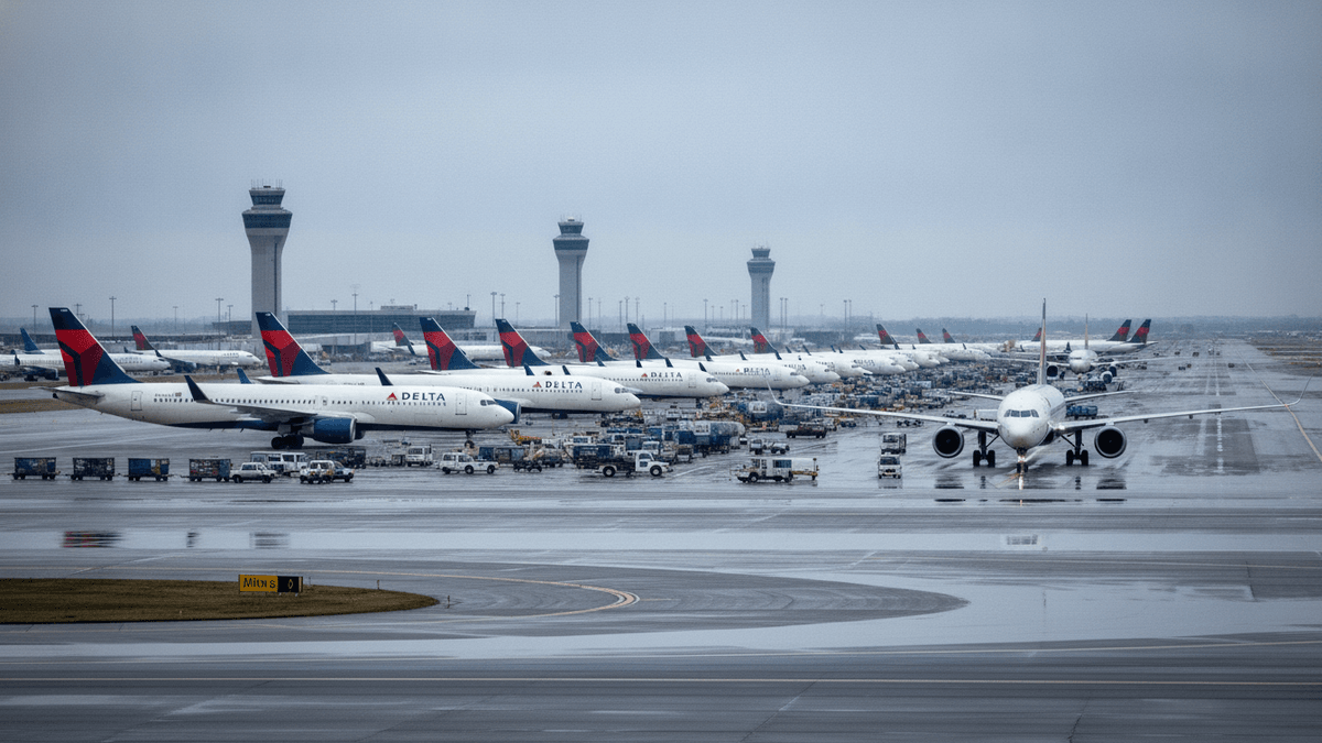 A wide shot of a busy airport on a grey day, with multiple Delta airplanes parked at terminals and one taxiing.