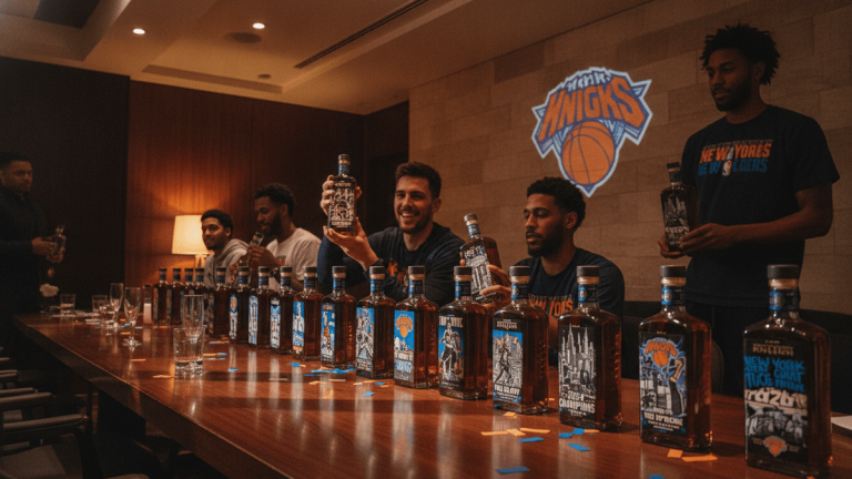 A row of custom-designed tequila bottles on a polished wooden table. Several men, some wearing New York Knicks shirts, are looking at the bottles.