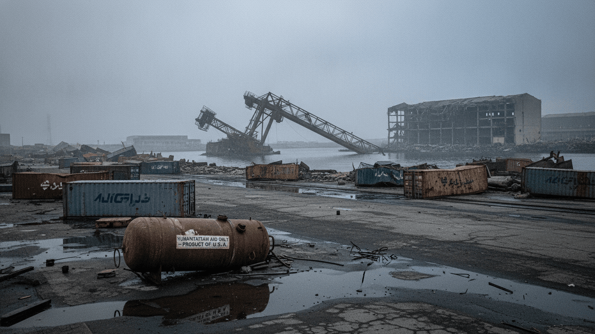 A wide shot of a ruined port, showing collapsed gantry cranes in water, damaged buildings, and scattered shipping containers.