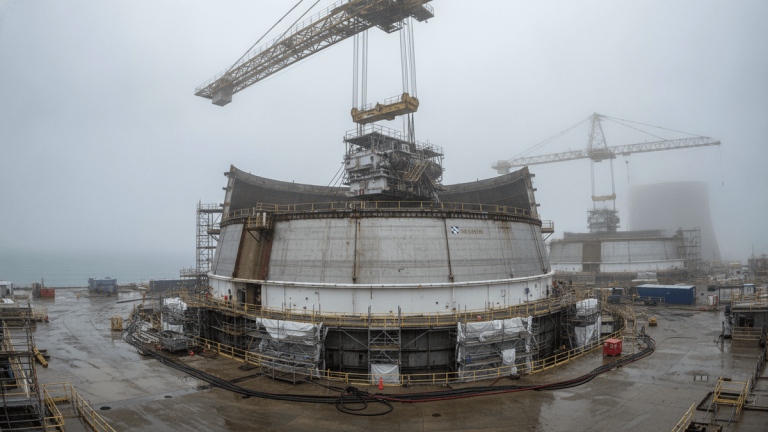 A wide shot of a massive, partially constructed nuclear reactor containment building on a misty, overcast day. Cranes loom overhead.