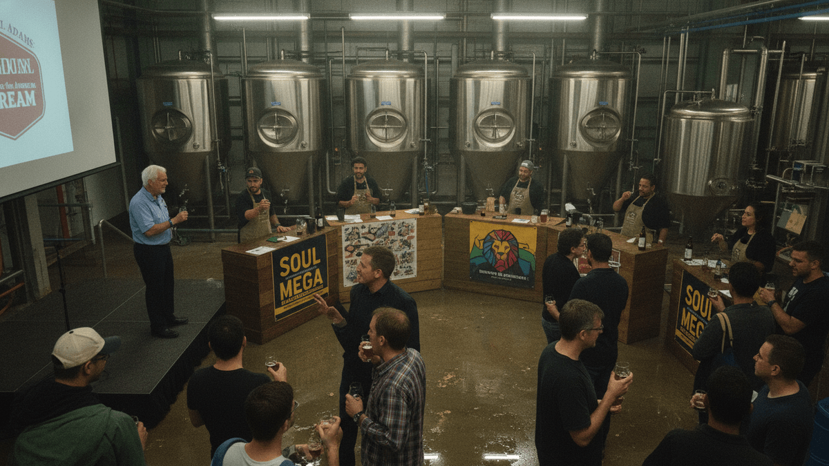An overhead shot captures Jim Koch on a small stage to the left, addressing a gathering of people in a brewery. Stainless steel tanks line the back wall.