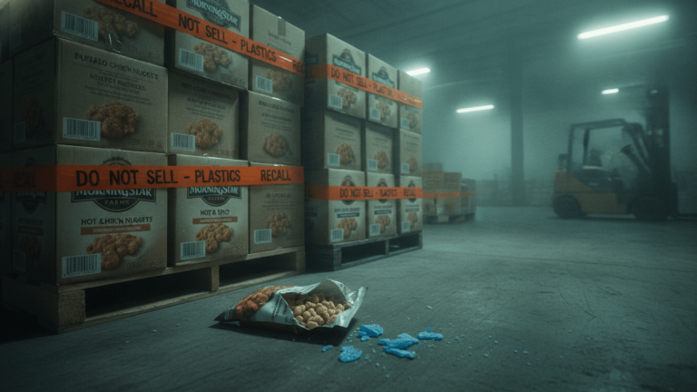 Stacks of cardboard boxes labeled "MorningStar Farms" on wooden pallets. Each stack is wrapped with orange tape that reads "DO NOT SELL - PLASTICS RECALL". In the foreground, an open bag of "Buffalo Chik'n Nuggets" has spilled its contents, and several blue plastic shards lie on the concrete floor next to it. The background is hazy, with the faint outline of a forklift.