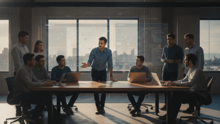 A group of people, mostly men, are gathered around a large wooden table in a well-lit modern office. Virtual screens with data hover above.