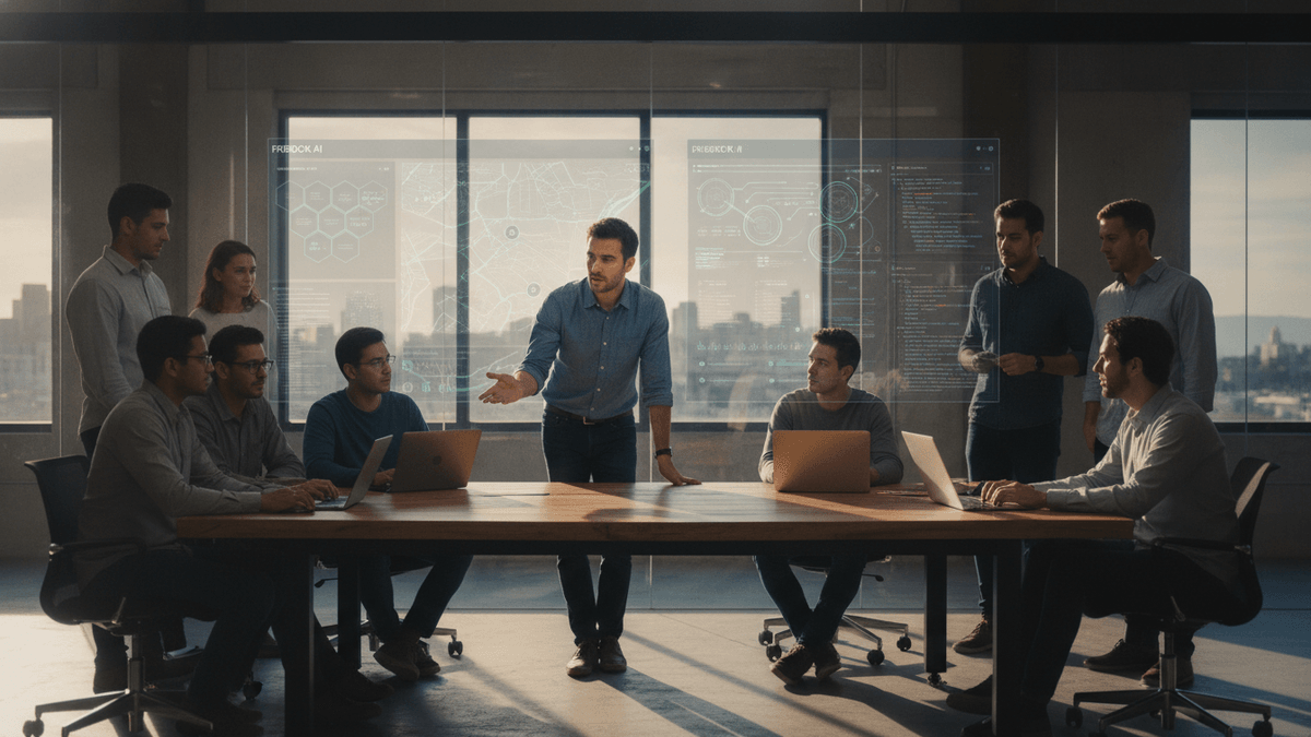 A group of people, mostly men, are gathered around a large wooden table in a well-lit modern office. Virtual screens with data hover above.
