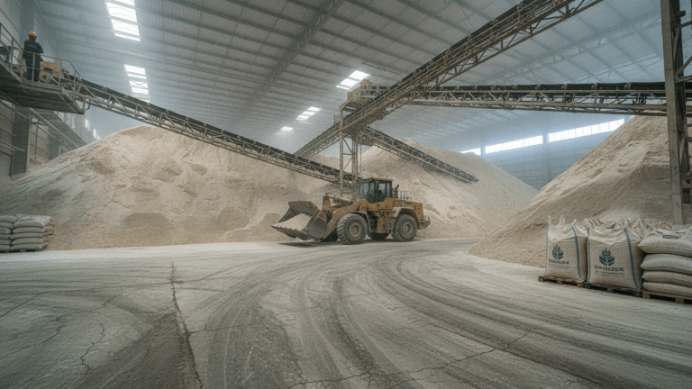 A wide-angle view inside a vast industrial warehouse shows huge piles of white granular material, with a front-end loader.
