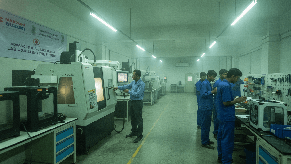 An instructor in a blue shirt demonstrates a large CNC machine to five male students in blue uniforms inside a brightly lit industrial training lab.