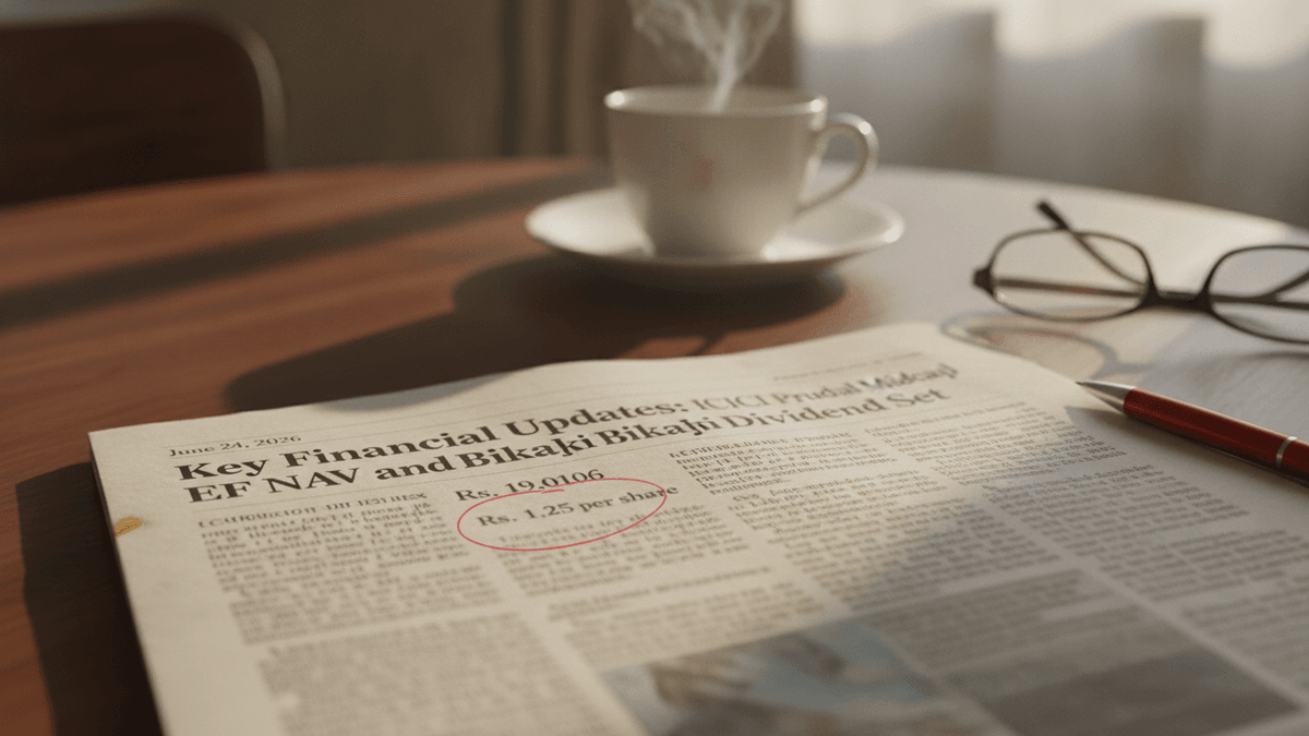 A financial newspaper with headlines about ICICI Prudential Midcap ETF NAV and Bikaji Foods dividend, a red pen, reading glasses, and a steaming cup of coffee are arranged on a wooden table near a window.