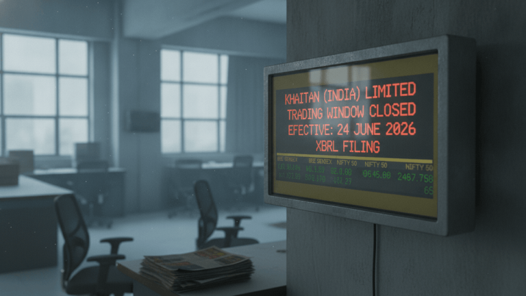 A digital display reads "Khaitan (India) Limited Trading Window Closed Effective: 24 June 2026 XBRL Filing" in a vacant office.