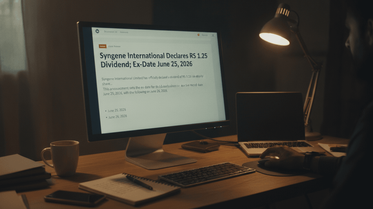 A man's hand on a computer mouse, viewing a Syngene International dividend announcement on a desktop monitor at night.