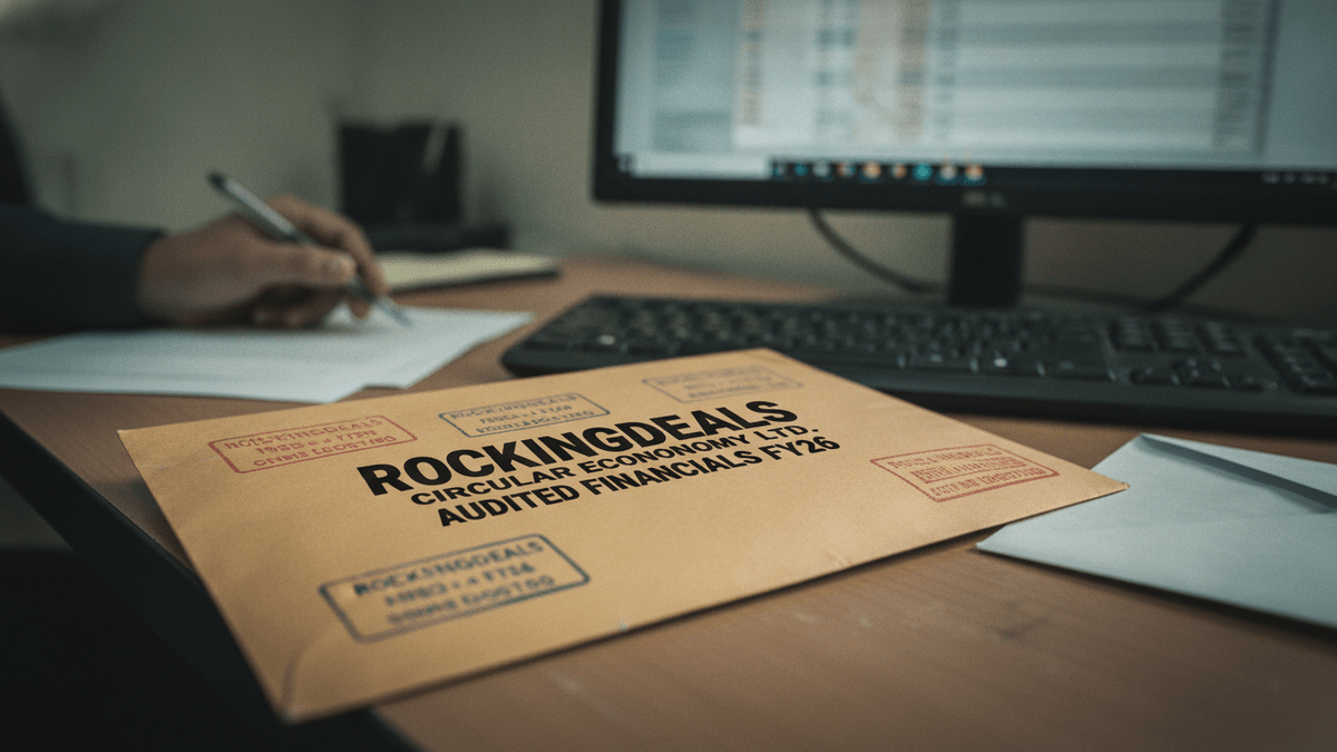 An envelope labeled "ROCKINGDEALS CIRCULAR ECONOMY LTD. AUDITED FINANCIALS FY26" sits on a wooden desk. A person's hand is visible in the background, writing on paper. A computer monitor and keyboard are also visible.