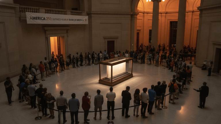 Overhead view of people in a large, circular room, forming a queue around a central display case.