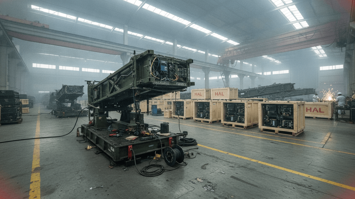 An industrial interior shows a large olive-green missile launcher on a base, with wooden crates marked HAL behind it.