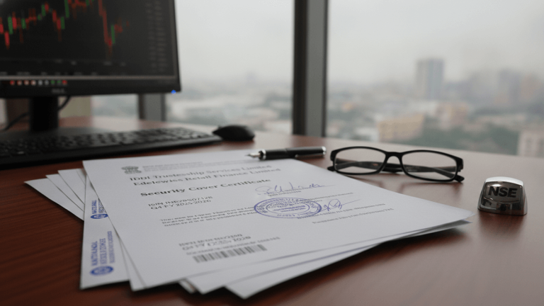 A printed security cover certificate from IDBI Trusteeship Services Limited for Edelweiss Retail Finance Limited, lying on a wooden desk.