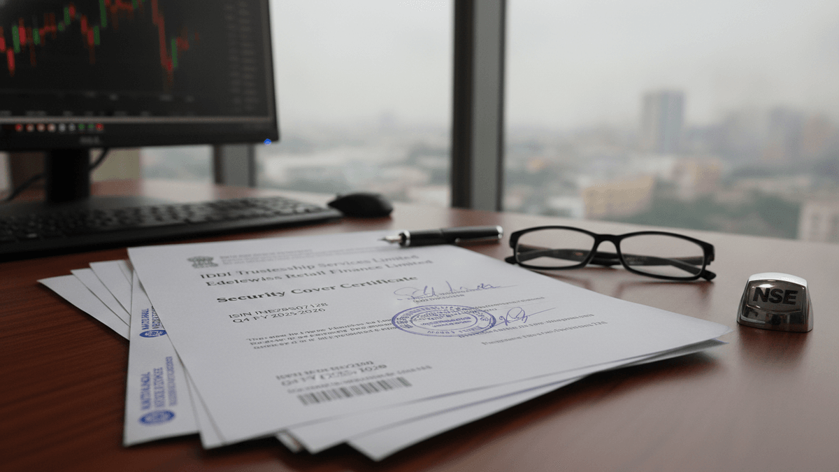 A printed security cover certificate from IDBI Trusteeship Services Limited for Edelweiss Retail Finance Limited, lying on a wooden desk.