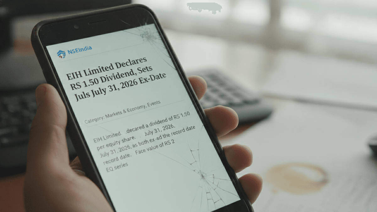 A hand holds a smartphone with a visibly cracked screen, displaying a financial news article about EIH Limited's dividend declaration.