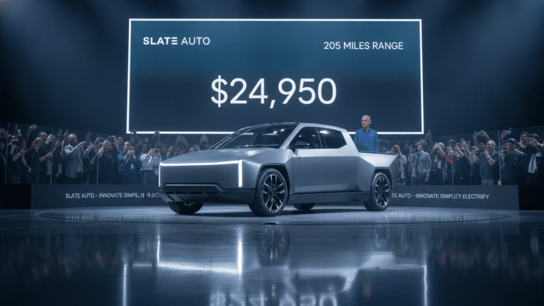 A minimalist electric pickup truck on a stage with a large screen displaying "$24,950" and "205 MILES RANGE." A man stands next to the vehicle, and a crowd is visible in the background.