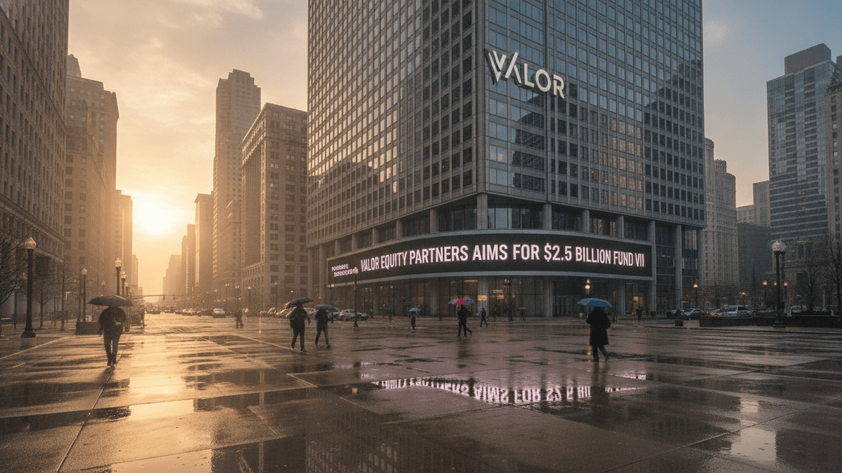 A modern office building with "VALOR" branding and a digital banner reading "VALOR EQUITY PARTNERS AIMS FOR $2.5 BILLION FUND VII" visible on its lower facade. The street is wet from recent rain, reflecting the building and the warm light of a cloudy sunset. Several people walk with umbrellas.