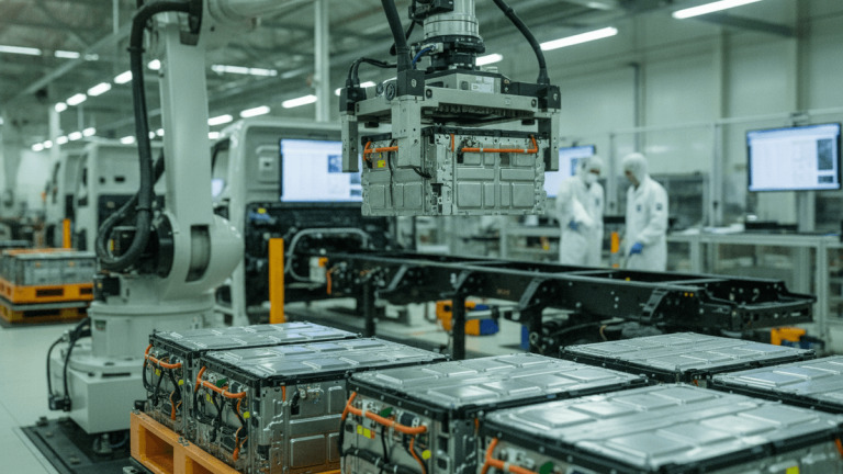 An industrial robot arm precisely lowers a large, silver battery module onto an electric truck frame in a brightly lit factory. Pallets of similar battery packs are in the foreground, and technicians in hazmat suits are visible in the background.