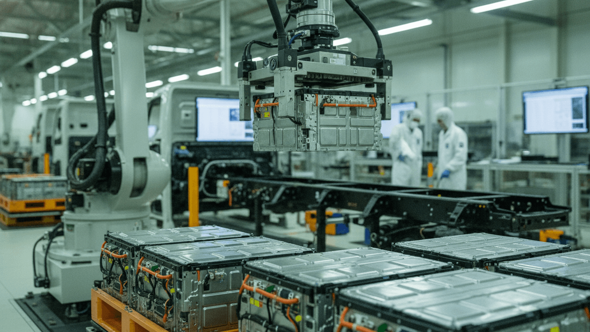 An industrial robot arm precisely lowers a large, silver battery module onto an electric truck frame in a brightly lit factory. Pallets of similar battery packs are in the foreground, and technicians in hazmat suits are visible in the background.