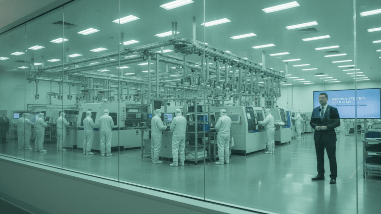 A man in a dark suit stands in the foreground, seen through a glass partition, with a semiconductor cleanroom behind him.