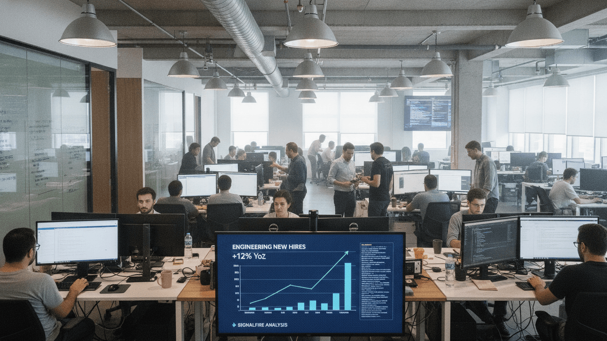 An open-plan office during the day, featuring numerous engineers working at their desks with multiple monitors. A large central screen displays a data visualization titled "ENGINEERING NEW HIRES +12% YoY SIGNALFIRE ANALYSIS" with an upward trending line graph and bar chart.