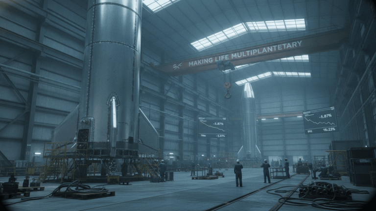 Wide shot of a large, industrial SpaceX factory floor with rockets in various stages of assembly, workers, and digital stock market displays.
