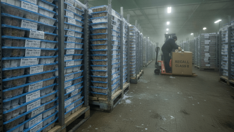 A worker in a large, cold industrial freezer warehouse handles boxes labeled "RECALL CLASS II" on a pallet jack.