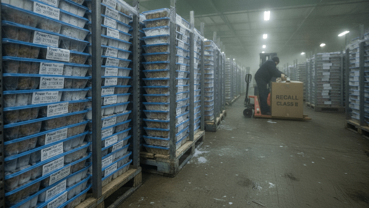 A worker in a large, cold industrial freezer warehouse handles boxes labeled "RECALL CLASS II" on a pallet jack.