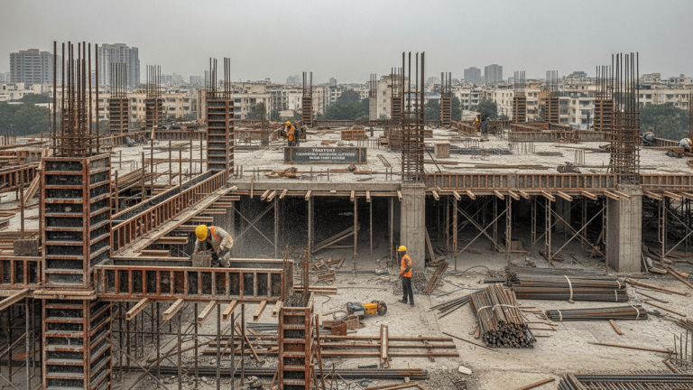 An aerial view of a construction site with multiple levels of concrete pillars, rebar, and wooden formwork. Workers in hard hats are visible.