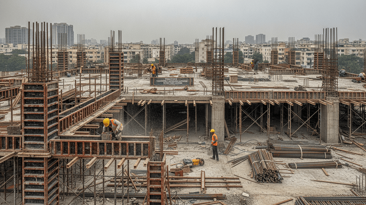 An aerial view of a construction site with multiple levels of concrete pillars, rebar, and wooden formwork. Workers in hard hats are visible.