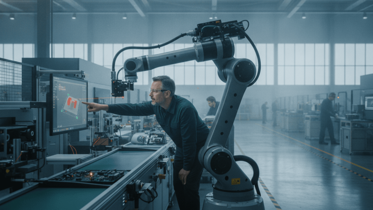 An engineer points at a screen displaying a diagram of a robotic arm in a modern factory setting.