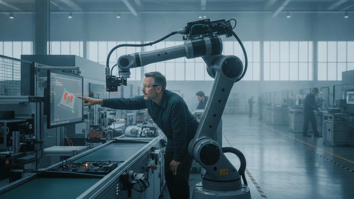 An engineer points at a screen displaying a diagram of a robotic arm in a modern factory setting.