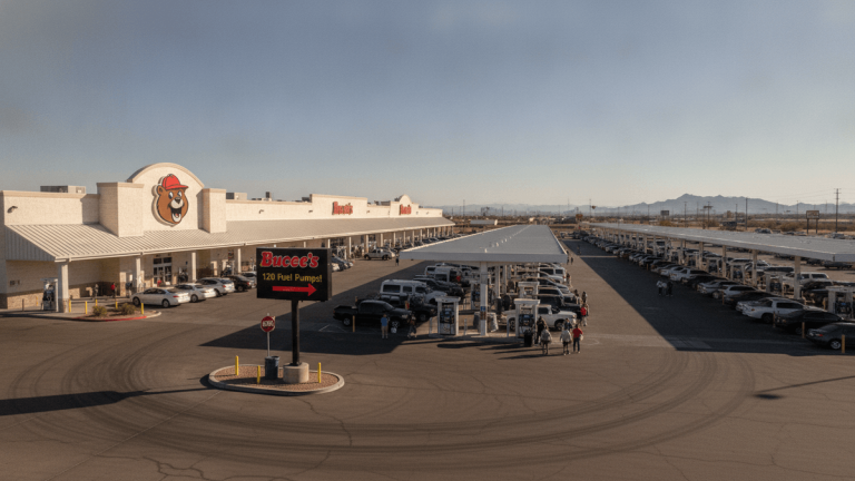 An aerial photograph shows a vast Buc-ee's travel center with numerous gas pumps, a large parking lot full of cars, and mountains in the distance under a clear sky.